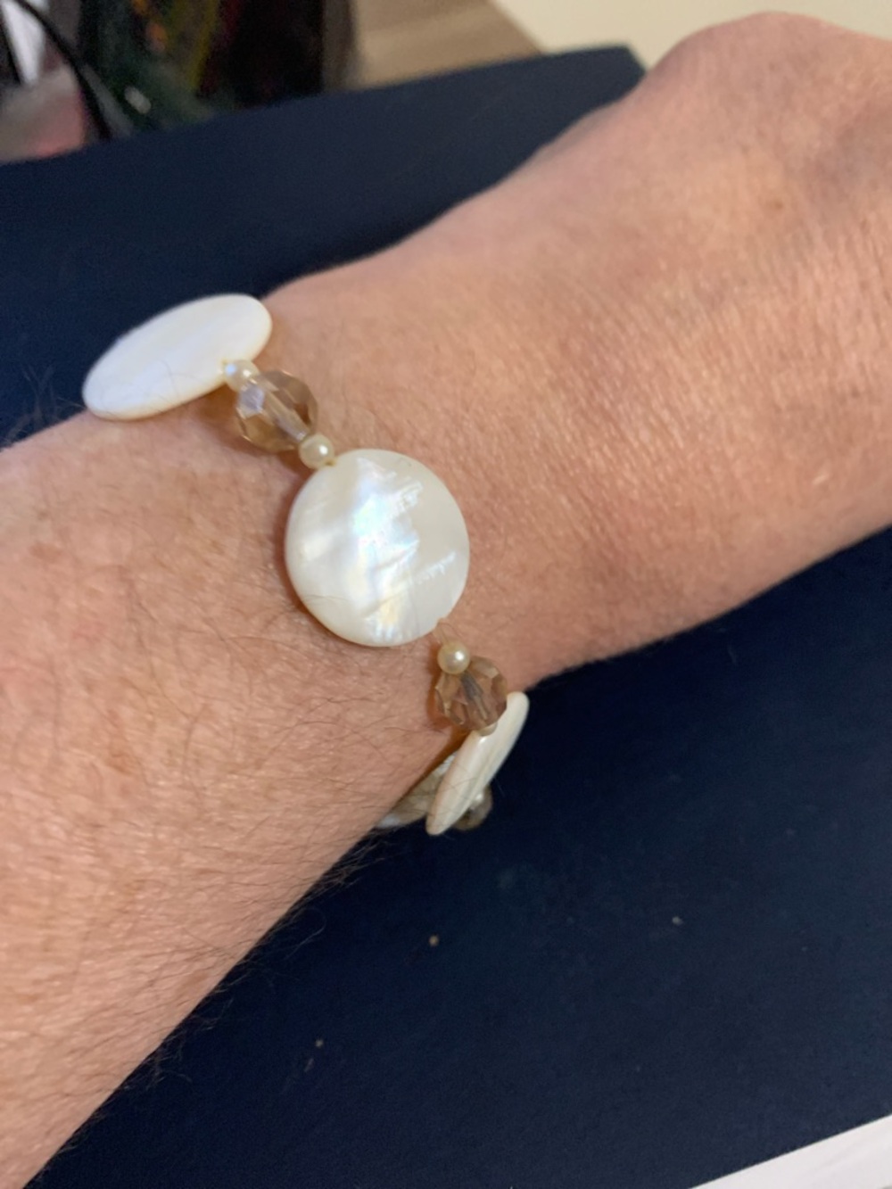 Mother of Pearl and Beige Bead Stretch Bracelet - Women Jewelry